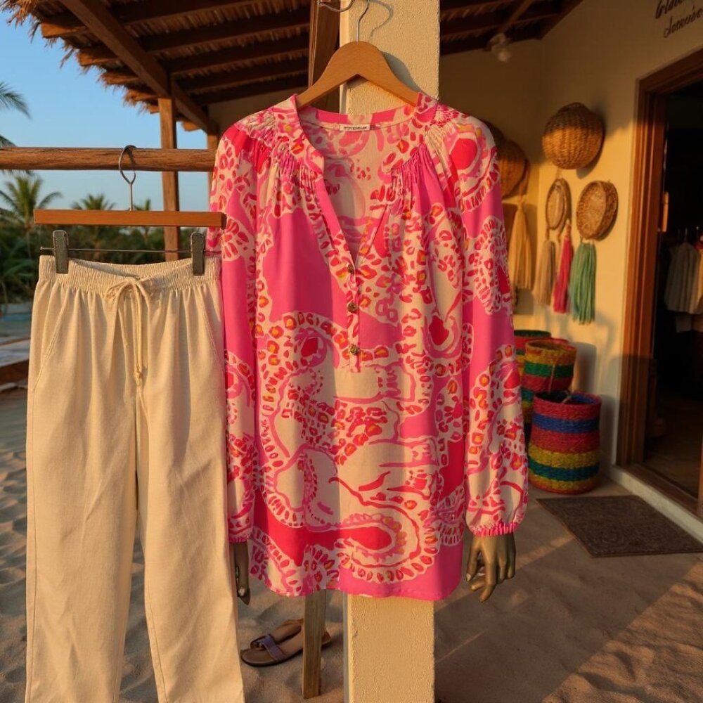Lilly Pulitzer Pink & White Printed Long-Sleeve V-Neck Blouse